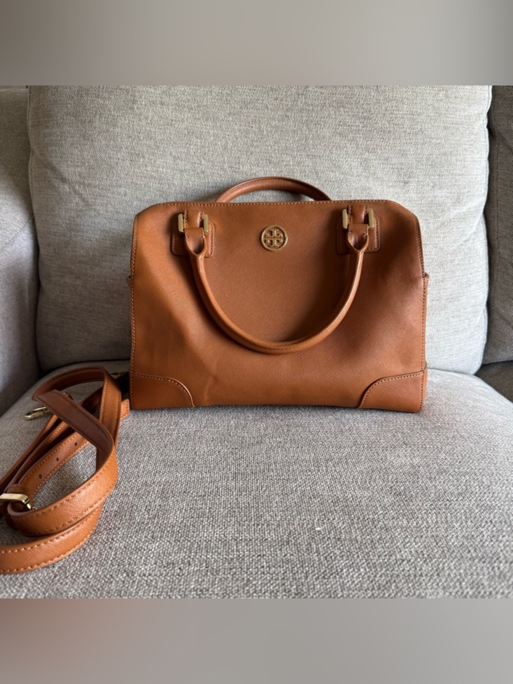 Tory Burch Tan Leather Top-Handle Satchel with Gold Logo